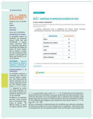 8 caderno do professor
AULA 3 – QUANTIDA-
DE DE BRINQUEDOS DA
BARRACA DE PESCA
-
TEMPO
Uma aula.
MATERIAIS
Lousa, giz e calculadora.
ORGANIZAÇÃO DA TURMA
As atividades podem ser
realizadas em pequenos
grupos, desde que seja
considerado o espaça-
mento necessário entre
os estudantes,segundo as
orientações dos órgãos da
Saúde. Se forem realiza-
das no coletivo, a media-
garantir a participação de
todos para facilitar as tro-
cas de saberes.
(EF02MA05) Construir
fatos básicos da adição e
subtração e utilizá-los no
cálculo mental ou escrito.
DESENVOLVIMENTO E IN-
TERVENÇÕES
As atividades exploram a
construção dos fatos bá-
sicos da adição e subtra-
ção. Para desenvolvê-las,
retome oralmente com as
crianças operações de adi-
ção com números iguais,
como 2 + 1, 3 + 1, 4 +
1..., pergunte se conhe-
cem esses resultados e se
isso auxilia a calcular o re-
sultado da adição de 20 +
10, por exemplo.
No item A, os estudantes
precisam contar quantos
são os brinquedos regis-
trados no quadro. No
item B, devem se apoiar
em alguns cálculos, como
7 – 1 = 6, para resolver outro, como o 17 – 1 = 16. É importante você acompanhar o
desenvolvimento das atividades nos grupos, garantindo que todos participem ativa-
mente das discussões. O uso da calculadora, para a conferência dos resultados, pode
-
Logo, 90 + 10 = 100.
Solicite e acompanhe o desenvolvimento das atividades para selecionar estratégias
de cálculos que podem surtir mais interação entre os estudantes. Vale lembrar que
as resoluções que não são esperadas podem trazer contribuições à aprendizagem da
6 BRINQUEDOS
| MATEMÁTICA
134 caderno do professor
84
8 caderno do professor
AULA 3 – QUANTIDA-
DE DE BRINQUEDOS DA
BARRACA DE PESCA
-
TEMPO
Uma aula.
MATERIAIS
Lousa, giz e calculadora.
ORGANIZAÇÃO DA TURMA
As atividades podem ser
realizadas em pequenos
grupos, desde que seja
considerado o espaça-
mento necessário entre
os estudantes,segundo as
orientações dos órgãos da
Saúde. Se forem realiza-
das no coletivo, a media-
garantir a participação de
todos para facilitar as tro-
cas de saberes.
(EF02MA05) Construir
fatos básicos da adição e
subtração e utilizá-los no
cálculo mental ou escrito.
DESENVOLVIMENTO E IN-
TERVENÇÕES
As atividades exploram a
construção dos fatos bá-
sicos da adição e subtra-
ção. Para desenvolvê-las,
retome oralmente com as
crianças operações de adi-
ção com números iguais,
como 2 + 1, 3 + 1, 4 +
1..., pergunte se conhe-
cem esses resultados e se
isso auxilia a calcular o re-
sultado da adição de 20 +
10, por exemplo.
No item A, os estudantes
precisam contar quantos
são os brinquedos regis-
trados no quadro. No
item B, devem se apoiar
em alguns cálculos, como
7 – 1 = 6, para resolver outro, como o 17 – 1 = 16. É importante você acompanhar o
desenvolvimento das atividades nos grupos, garantindo que todos participem ativa
mente das discussões. O uso da calculadora, para a conferência dos resultados, pode
Logo, 90 + 10 = 100.
Solicite e acompanhe o desenvolvimento das atividades para selecionar estratégia
de cálculos que podem surtir mais interação entre os estudantes. Vale lembrar que
as resoluções que não são esperadas podem trazer contribuições à aprendizagem da
6 BRINQUEDOS
 