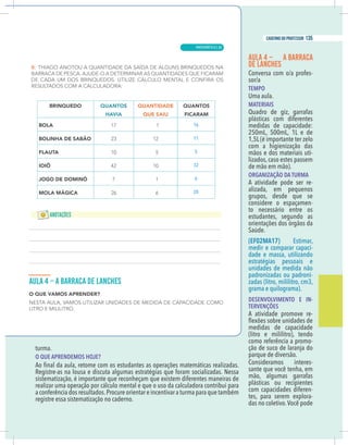 9
caderno do professor
AULA 4 – A BARRACA
DE LANCHES
-
TEMPO
Uma aula.
MATERIAIS
Quadro de giz, garrafas
plásticas com diferentes
medidas de capacidade:
250mL, 500mL, 1L e de
1,5L (é importante ter zelo
com a higienização das
mãos e dos materiais uti-
lizados, caso estes passem
de mão em mão).
ORGANIZAÇÃO DA TURMA
A atividade pode ser re-
alizada, em pequenos
grupos, desde que se
considere o espaçamen-
to necessário entre os
estudantes, segundo as
orientações dos órgãos da
Saúde.
(EF02MA17) Estimar,
medir e comparar capaci-
dade e massa, utilizando
estratégias pessoais e
unidades de medida não
padronizadas ou padroni-
zadas (litro, mililitro, cm3,
grama e quilograma).
DESENVOLVIMENTO E IN-
TERVENÇÕES
A atividade promove re-
medidas de capacidade
(litro e mililitro), tendo
como referência a promo-
ção de suco de laranja do
parque de diversão.
Consideramos interes-
sante que você tenha, em
mão, algumas garrafas
plásticas ou recipientes
com capacidades diferen-
tes, para serem explora-
das no coletivo.Você pode
urma.
O QUE APRENDEMOS HOJE?
Registre-as na lousa e discuta algumas estratégias que foram socializadas. Nessa
istematização, é importante que reconheçam que existem diferentes maneiras de
ealizar uma operação por cálculo mental e que o uso da calculadora contribui para
a conferência dos resultados.Procure orientar e incentivar a turma para que também
egistre essa sistematização no caderno.
16
11
5
32
6
20
9
caderno do professor
AULA 4 – A BARRACA
DE LANCHES
-
TEMPO
Uma aula.
MATERIAIS
Quadro de giz, garrafas
plásticas com diferentes
medidas de capacidade:
250mL, 500mL, 1L e de
1,5L (é importante ter zelo
com a higienização das
mãos e dos materiais uti-
lizados, caso estes passem
de mão em mão).
ORGANIZAÇÃO DA TURMA
A atividade pode ser re-
alizada, em pequenos
grupos, desde que se
considere o espaçamen-
to necessário entre os
estudantes, segundo as
orientações dos órgãos da
Saúde.
(EF02MA17) Estimar,
medir e comparar capaci-
dade e massa, utilizando
estratégias pessoais e
unidades de medida não
padronizadas ou padroni-
zadas (litro, mililitro, cm3,
grama e quilograma).
DESENVOLVIMENTO E IN-
TERVENÇÕES
A atividade promove re-
medidas de capacidade
(litro e mililitro), tendo
como referência a promo-
ção de suco de laranja do
parque de diversão.
Consideramos interes-
sante que você tenha, em
mão, algumas garrafas
plásticas ou recipientes
com capacidades diferen-
tes, para serem explora-
das no coletivo.Você pode
turma.
O QUE APRENDEMOS HOJE?
Registre-as na lousa e discuta algumas estratégias que foram socializadas. Nessa
sistematização, é importante que reconheçam que existem diferentes maneiras de
realizar uma operação por cálculo mental e que o uso da calculadora contribui para
a conferência dos resultados.Procure orientar e incentivar a turma para que também
registre essa sistematização no caderno.
16
11
5
32
6
20
MATEMÁTICA |
135
caderno do professor
85
 
