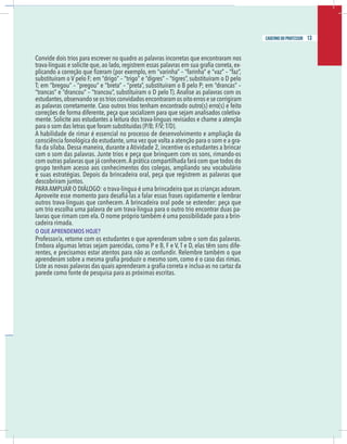 11
caderno do professor
Convide dois trios para escrever no quadro as palavras incorretas que encontraram nos
-
estudantes,observandoseostriosconvidadosencontraramosoitoerrosesecorrigiram
as palavras corretamente. Caso outros trios tenham encontrado outro(s) erro(s) e feito
orreções de forma diferente, peça que socializem para que sejam analisados coletiva-
mente. Solicite aos estudantes a leitura dos trava-línguas revisados e chame a atenção
para o som das letras que foram substituídas (P/B; F/V;T/D).
A habilidade de rimar é essencial no processo de desenvolvimento e ampliação da
onsciência fonológica do estudante,uma vez que volta a atenção para o som e a gra-
om o som das palavras. Junte trios e peça que brinquem com os sons, rimando-os
om outras palavras que já conhecem.A prática compartilhada fará com que todos do
grupo tenham acesso aos conhecimentos dos colegas, ampliando seu vocabulário
e suas estratégias. Depois da brincadeira oral, peça que registrem as palavras que
descobriram juntos.
PARAAMPLIAR O DIÁLOGO: o trava-língua é uma brincadeira que as crianças adoram.
outros trava-línguas que conhecem. A brincadeira oral pode se estender: peça que
um trio escolha uma palavra de um trava-língua para o outro trio encontrar duas pa-
avras que rimam com ela. O nome próprio também é uma possibilidade para a brin-
adeira rimada.
O QUE APRENDEMOS HOJE?
Professor/a, retome com os estudantes o que aprenderam sobre o som das palavras.
Embora algumas letras sejam parecidas, como P e B, F e V, T e D, elas têm sons dife-
entes, e precisamos estar atentos para não as confundir. Relembre também o que
parede como fonte de pesquisa para as próximas escritas.
11
caderno do professor
Convide dois trios para escrever no quadro as palavras incorretas que encontraram nos
-
estudantes,observandoseostriosconvidadosencontraramosoitoerrosesecorrigiram
as palavras corretamente. Caso outros trios tenham encontrado outro(s) erro(s) e feito
correções de forma diferente, peça que socializem para que sejam analisados coletiva-
mente. Solicite aos estudantes a leitura dos trava-línguas revisados e chame a atenção
para o som das letras que foram substituídas (P/B; F/V;T/D).
A habilidade de rimar é essencial no processo de desenvolvimento e ampliação da
consciência fonológica do estudante,uma vez que volta a atenção para o som e a gra-
com o som das palavras. Junte trios e peça que brinquem com os sons, rimando-os
com outras palavras que já conhecem.A prática compartilhada fará com que todos do
grupo tenham acesso aos conhecimentos dos colegas, ampliando seu vocabulário
e suas estratégias. Depois da brincadeira oral, peça que registrem as palavras que
descobriram juntos.
PARAAMPLIAR O DIÁLOGO: o trava-língua é uma brincadeira que as crianças adoram.
outros trava-línguas que conhecem. A brincadeira oral pode se estender: peça que
um trio escolha uma palavra de um trava-língua para o outro trio encontrar duas pa-
lavras que rimam com ela. O nome próprio também é uma possibilidade para a brin-
cadeira rimada.
O QUE APRENDEMOS HOJE?
Professor/a, retome com os estudantes o que aprenderam sobre o som das palavras.
Embora algumas letras sejam parecidas, como P e B, F e V, T e D, elas têm sons dife-
rentes, e precisamos estar atentos para não as confundir. Relembre também o que
parede como fonte de pesquisa para as próximas escritas.
13
caderno do professor
 