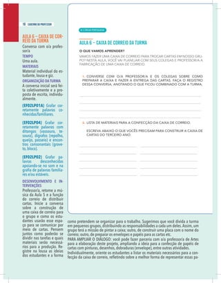 14 caderno do professor
AULA 6 – CAIXA DE COR-
REIO DA TURMA
Conversa com o/a profes-
sor/a
TEMPO
Uma aula.
MATERIAIS
Material individual do es-
tudante, lousa e giz.
ORGANIZAÇÃO DA TURMA
A conversa inicial será fei-
ta coletivamente e a pro-
posta de escrita, individu-
almente.
(EF02LP01A) Grafar cor-
retamente palavras co-
nhecidas/familiares.
(EF02LP04) Grafar cor-
retamente palavras com
ditongos (vassoura, te-
soura), dígrafos (repolho,
queijo, passeio) e encon-
tros consonantais (grave-
to, bloco).
(EF02LP02) Grafar pa-
lavras desconhecidas
apoiando-se no som e na
-
res e/ou estáveis.
DESENVOLVIMENTO E IN-
TERVENÇÕES
Professor/a, retome a mú-
sica da Aula 5 e a função
do correio de distribuir
cartas. Inicie a conversa
sobre a construção de
uma caixa de correio para
o grupo e como os estu-
dantes usarão esse espa-
ço para se comunicar por
meio de cartas. Pensem
juntos como poderão se
dividir nas tarefas e quais
materiais serão necessá-
rios para a produção. Re-
gistre na lousa as ideias
dos estudantes e a forma
como pretendem se organizar para o trabalho. Sugerimos que você divida a turma
em pequenos grupos, distribuindo as responsabilidades a cada um deles.Assim, um
grupo terá a missão de pintar a caixa; outro, de construir uma placa com o nome do
correio; outro, de preparar os envelopes e papéis para as cartas etc.
PARA AMPLIAR O DIÁLOGO: você pode fazer parceria com o/a professor/a de Artes
para a elaboração deste projeto, ampliando a ideia para a confecção de papéis de
cartas com pinturas, desenhos, dobraduras (envelope), entre outras atividades.
Individualmente, oriente os estudantes a listar os materiais necessários para a con-
-
16 caderno do professor
| LÍNGUA PORTUGUESA
10
14 caderno do professor
AULA 6 – CAIXA DE COR-
REIO DA TURMA
Conversa com o/a profes-
sor/a
TEMPO
Uma aula.
MATERIAIS
Material individual do es-
tudante, lousa e giz.
ORGANIZAÇÃO DA TURMA
A conversa inicial será fei-
ta coletivamente e a pro-
posta de escrita, individu-
almente.
(EF02LP01A) Grafar cor-
retamente palavras co-
nhecidas/familiares.
(EF02LP04) Grafar cor-
retamente palavras com
ditongos (vassoura, te-
soura), dígrafos (repolho,
queijo, passeio) e encon-
tros consonantais (grave-
to, bloco).
(EF02LP02) Grafar pa-
lavras desconhecidas
apoiando-se no som e na
-
res e/ou estáveis.
DESENVOLVIMENTO E IN-
TERVENÇÕES
Professor/a, retome a mú-
sica da Aula 5 e a função
do correio de distribuir
cartas. Inicie a conversa
sobre a construção de
uma caixa de correio para
o grupo e como os estu-
dantes usarão esse espa-
ço para se comunicar por
meio de cartas. Pensem
juntos como poderão se
dividir nas tarefas e quais
materiais serão necessá-
rios para a produção. Re-
gistre na lousa as ideias
dos estudantes e a forma
como pretendem se organizar para o trabalho. Sugerimos que você divida a turma
em pequenos grupos, distribuindo as responsabilidades a cada um deles.Assim, um
grupo terá a missão de pintar a caixa; outro, de construir uma placa com o nome do
correio; outro, de preparar os envelopes e papéis para as cartas etc.
PARA AMPLIAR O DIÁLOGO: você pode fazer parceria com o/a professor/a de Arte
para a elaboração deste projeto, ampliando a ideia para a confecção de papéis de
cartas com pinturas, desenhos, dobraduras (envelope), entre outras atividades.
Individualmente, oriente os estudantes a listar os materiais necessários para a con
 