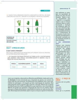 11
caderno do professor
riem suas incógnitas, observando as diferentes possibilidades criadas pela turma.
Na Atividade 2, inicie comentando que a disposição das plantas nos canteiros de
-
ialistas em jardinagem, e há espaços que têm a participação de arquitetos. Você
pode perguntar quem já plantou algo e qual foi a sensação. Reforce que as plantas
ontribuem para uma melhor qualidade do ar que respiramos. Leia o enunciado do
tem A e do quadro que apresenta a disposição das rosas em um canteiro. Depois
peça para as duplas preencherem a quantidade de roseiras em cada uma das situa-
ões.Nestaetapadaescolaridade,espera-sequeascriançasseapoiememdesenhos
para realizarem as conta-
gens da quantidade de
plantas em cada uma das
situações. Repita o mes-
mo procedimento para
o item B e, se possível,
explore o que as crianças
conhecem sobre os cactos.
Acompanhe a resolução
dos problemas pelas du-
plas, para selecionar algu-
mas estratégias utilizadas
pelos estudantes de forma
que o conhecimento da
turma possa circular mais.
Socialize procedimentos e
discussões suscitadas pe-
los estudantes durante as
duas atividades.
O QUE APRENDEMOS
HOJE?
Promova uma conversa
-
mentários dos colegas
durante a socialização
trará contribuições para a
aprendizagem de todos.
É importante que os es-
tudantes percebam que,
embora possam utilizar
uma estratégia que per-
mite a resolução, ouvir os
-
tros procedimentos pode
facilitar a realização de
outras atividades. Finalize
a aula e retome, a partir
de registros na lousa, as
discussões da turma, de
forma a sistematizar os co-
nhecimentos construídos.
AULA 7 – O PREÇO DO
LANCHE
Conversa com o/a profes-
sor/a
TEMPO
Uma aula.
MATERIAIS
Lousa, giz e, se possível,
18 24 30
11
caderno do professor
criem suas incógnitas, observando as diferentes possibilidades criadas pela turma.
Na Atividade 2, inicie comentando que a disposição das plantas nos canteiros de
-
cialistas em jardinagem, e há espaços que têm a participação de arquitetos. Você
pode perguntar quem já plantou algo e qual foi a sensação. Reforce que as plantas
contribuem para uma melhor qualidade do ar que respiramos. Leia o enunciado do
item A e do quadro que apresenta a disposição das rosas em um canteiro. Depois
peça para as duplas preencherem a quantidade de roseiras em cada uma das situa-
ções.Nestaetapadaescolaridade,espera-sequeascriançasseapoiememdesenhos
para realizarem as conta-
gens da quantidade de
plantas em cada uma das
situações. Repita o mes-
mo procedimento para
o item B e, se possível,
explore o que as crianças
conhecem sobre os cactos.
Acompanhe a resolução
dos problemas pelas du-
plas, para selecionar algu-
mas estratégias utilizadas
pelos estudantes de forma
que o conhecimento da
turma possa circular mais.
Socialize procedimentos e
discussões suscitadas pe-
los estudantes durante as
duas atividades.
O QUE APRENDEMOS
HOJE?
Promova uma conversa
-
mentários dos colegas
durante a socialização
trará contribuições para a
aprendizagem de todos.
É importante que os es-
tudantes percebam que,
embora possam utilizar
uma estratégia que per-
mite a resolução, ouvir os
-
tros procedimentos pode
facilitar a realização de
outras atividades. Finalize
a aula e retome, a partir
de registros na lousa, as
discussões da turma, de
forma a sistematizar os co-
nhecimentos construídos.
AULA 7 – O PREÇO DO
LANCHE
Conversa com o/a profes-
sor/a
TEMPO
Uma aula.
MATERIAIS
Lousa, giz e, se possível,
18 24 30
MATEMÁTICA |
179
caderno do professor
119
 