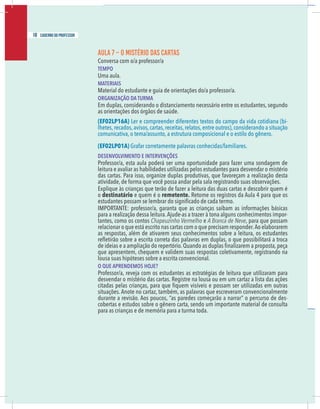 16 caderno do professor
AULA 7 – O MISTÉRIO DAS CARTAS
Conversa com o/a professor/a
TEMPO
Uma aula.
MATERIAIS
Material do estudante e guia de orientações do/a professor/a.
ORGANIZAÇÃO DA TURMA
Em duplas, considerando o distanciamento necessário entre os estudantes, segundo
as orientações dos órgãos de saúde.
(EF02LP16A) Ler e compreender diferentes textos do campo da vida cotidiana (bi-
lhetes,recados,avisos,cartas,receitas,relatos,entre outros),considerando a situação
comunicativa, o tema/assunto, a estrutura composicional e o estilo do gênero.
(EF02LP01A) Grafar corretamente palavras conhecidas/familiares.
DESENVOLVIMENTO E INTERVENÇÕES
Professor/a, esta aula poderá ser uma oportunidade para fazer uma sondagem de
leitura e avaliar as habilidades utilizadas pelos estudantes para desvendar o mistério
das cartas. Para isso, organize duplas produtivas, que favoreçam a realização desta
atividade, de forma que você possa andar pela sala registrando suas observações.
Explique às crianças que terão de fazer a leitura das duas cartas e descobrir quem é
o destinatário e quem é o remetente. Retome os registros da Aula 4 para que os
IMPORTANTE: professor/a, garanta que as crianças saibam as informações básicas
para a realização dessa leitura.Ajude-as a trazer à tona alguns conhecimentos impor-
tantes, como os contos Chapeuzinho Vermelho e A Branca de Neve, para que possam
relacionar o que está escrito nas cartas com o que precisam responder.Ao elaborarem
as respostas, além de ativarem seus conhecimentos sobre a leitura, os estudantes
que apresentem, chequem e validem suas respostas coletivamente, registrando na
lousa suas hipóteses sobre a escrita convencional.
O QUE APRENDEMOS HOJE?
Professor/a, reveja com os estudantes as estratégias de leitura que utilizaram para
desvendar o mistério das cartas. Registre na lousa ou em um cartaz a lista das ações
situações. Anote no cartaz, também, as palavras que escreveram convencionalmente
-
cobertas e estudos sobre o gênero carta, sendo um importante material de consulta
para as crianças e de memória para a turma toda.
18 caderno do professor
16 caderno do professor
AULA 7 – O MISTÉRIO DAS CARTAS
Conversa com o/a professor/a
TEMPO
Uma aula.
MATERIAIS
Material do estudante e guia de orientações do/a professor/a.
ORGANIZAÇÃO DA TURMA
Em duplas, considerando o distanciamento necessário entre os estudantes, segundo
as orientações dos órgãos de saúde.
(EF02LP16A) Ler e compreender diferentes textos do campo da vida cotidiana (bi
lhetes,recados,avisos,cartas,receitas,relatos,entre outros),considerando a situação
comunicativa, o tema/assunto, a estrutura composicional e o estilo do gênero.
(EF02LP01A) Grafar corretamente palavras conhecidas/familiares.
DESENVOLVIMENTO E INTERVENÇÕES
Professor/a, esta aula poderá ser uma oportunidade para fazer uma sondagem de
leitura e avaliar as habilidades utilizadas pelos estudantes para desvendar o mistério
das cartas. Para isso, organize duplas produtivas, que favoreçam a realização desta
atividade, de forma que você possa andar pela sala registrando suas observações.
Explique às crianças que terão de fazer a leitura das duas cartas e descobrir quem é
o destinatário e quem é o remetente. Retome os registros da Aula 4 para que o
IMPORTANTE: professor/a, garanta que as crianças saibam as informações básica
para a realização dessa leitura.Ajude-as a trazer à tona alguns conhecimentos impor
tantes, como os contos Chapeuzinho Vermelho e A Branca de Neve, para que possam
relacionar o que está escrito nas cartas com o que precisam responder.Ao elaborarem
as respostas, além de ativarem seus conhecimentos sobre a leitura, os estudante
que apresentem, chequem e validem suas respostas coletivamente, registrando na
lousa suas hipóteses sobre a escrita convencional.
O QUE APRENDEMOS HOJE?
Professor/a, reveja com os estudantes as estratégias de leitura que utilizaram para
desvendar o mistério das cartas. Registre na lousa ou em um cartaz a lista das açõe
situações. Anote no cartaz, também, as palavras que escreveram convencionalmente
cobertas e estudos sobre o gênero carta, sendo um importante material de consulta
para as crianças e de memória para a turma toda.
 