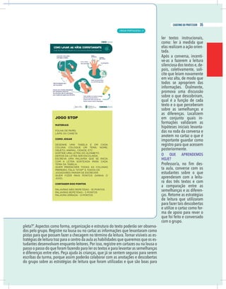 9
caderno do professor
pleta?”. Aspectos como forma, organização e estrutura do texto poderão ser observa-
-
ratégias de leitura traz para o centro da aula as habilidades que queremos que os es-
udantes desenvolvam enquanto leitores. Por isso, registre em cartazes ou na lousa o
passo o passo do que foram fazendo para ler os textos e para levantar as semelhanças
e diferenças entre eles. Peça ajuda às crianças, que já se sentem seguras para serem
escribas da turma, porque assim poderão colaborar com as anotações e descobertas
do grupo sobre as estratégias de leitura que foram utilizadas e que são boas para
ler textos instrucionais,
como: ler à medida que
elas realizam a ação orien-
tada.
Após a conversa, incenti-
ve-as a fazerem a leitura
silenciosa dos textos e,de-
pois, coletivamente, soli-
cite que leiam novamente
em voz alta, de modo que
todos se apropriem das
informações. Oralmente,
promova uma discussão
sobre o que descobriram,
qual é a função de cada
texto e o que perceberam
sobre as semelhanças e
as diferenças. Localizem
em conjunto quais in-
formações validaram as
hipóteses iniciais levanta-
das na roda da conversa e
anotem no cartaz o que é
importante guardar como
registro para que acessem
posteriormente.
O QUE APRENDEMOS
HOJE?
-
ta aula, converse com os
estudantes sobre o que
aprenderam com a leitu-
ra dos três textos e com
a comparação entre as
semelhanças e as diferen-
de leitura que utilizaram
para fazer tais descobertas
e utilize o cartaz como for-
ma de apoio para rever o
que foi feito e conversado
com o grupo.
9
caderno do professor
pleta?”. Aspectos como forma, organização e estrutura do texto poderão ser observa-
-
tratégias de leitura traz para o centro da aula as habilidades que queremos que os es-
tudantes desenvolvam enquanto leitores. Por isso, registre em cartazes ou na lousa o
passo o passo do que foram fazendo para ler os textos e para levantar as semelhanças
e diferenças entre eles. Peça ajuda às crianças, que já se sentem seguras para serem
escribas da turma, porque assim poderão colaborar com as anotações e descobertas
do grupo sobre as estratégias de leitura que foram utilizadas e que são boas para
ler textos instrucionais,
como: ler à medida que
elas realizam a ação orien-
tada.
Após a conversa, incenti-
ve-as a fazerem a leitura
silenciosa dos textos e,de-
pois, coletivamente, soli-
cite que leiam novamente
em voz alta, de modo que
todos se apropriem das
informações. Oralmente,
promova uma discussão
sobre o que descobriram,
qual é a função de cada
texto e o que perceberam
sobre as semelhanças e
as diferenças. Localizem
em conjunto quais in-
formações validaram as
hipóteses iniciais levanta-
das na roda da conversa e
anotem no cartaz o que é
importante guardar como
registro para que acessem
posteriormente.
O QUE APRENDEMOS
HOJE?
-
ta aula, converse com os
estudantes sobre o que
aprenderam com a leitu-
ra dos três textos e com
a comparação entre as
semelhanças e as diferen-
de leitura que utilizaram
para fazer tais descobertas
e utilize o cartaz como for-
ma de apoio para rever o
que foi feito e conversado
com o grupo.
LÍNGUA PORTUGUESA |
35
caderno do professor
21
 
