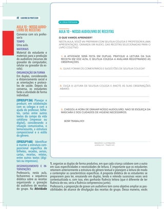 22 caderno do professor
AULA10 - NOSSO AUDIO-
LIVRO DE RECEITAS
Conversa com o/a profes-
sor/a
TEMPO
Uma aula.
MATERIAIS
Material do estudante e
materiais para a produção
do audiolivro (recursos de
gravador do computador,
celular ou gravador da es-
cola).
ORGANIZAÇÃO DA TURMA
Em duplas, considerando
o distanciamento social e
as orientações e protoco-
los de saúde. Depois da
conversa, os estudantes
farão a atividade de forma
individual.
(EF02LP13A) Planejar e
produzir, em colaboração
com os colegas e com a
ajuda do professor, bilhe-
tes, cartas entre outros
textos do campo da vida
cotidiana (impresso ou
digital), considerando a
situação comunicativa, o
tema/assunto, a estrutura
composicional e o estilo
do gênero.
(EF02LP16B)
e manter a estrutura com-
bilhetes, recados, avisos,
cartas, receitas, relatos,
entre outros textos (digi-
tais ou impressos).
DESENVOLVIMENTO E IN-
TERVENÇÕES
Professor/a, nesta aula,
fecharemos a sequência
didática sobre as receitas
organizando a gravação
do audiolivro de receitas
Atividade
1, organize as duplas de forma produtiva, em que cada criança colabore com a outra
retomem anteriormente a estrutura do gênero textual e planejem a leitura de modo
prepararem para ler, ensaiando em duplas, lendo e relendo sucessivas vezes será
Professor/a, a proposição de gravar um audiolivro tem como objetivo ampliar as pos-
sibilidades de alcance de divulgação das receitas do grupo. Dessa maneira, vocês
| LÍNGUA PORTUGUESA
48 caderno do professor
30
22 caderno do professor
AULA10 - NOSSO AUDIO-
LIVRO DE RECEITAS
Conversa com o/a profes-
sor/a
TEMPO
Uma aula.
MATERIAIS
Material do estudante e
materiais para a produção
do audiolivro (recursos de
gravador do computador,
celular ou gravador da es-
cola).
ORGANIZAÇÃO DA TURMA
Em duplas, considerando
o distanciamento social e
as orientações e protoco-
los de saúde. Depois da
conversa, os estudantes
farão a atividade de forma
individual.
(EF02LP13A) Planejar e
produzir, em colaboração
com os colegas e com a
ajuda do professor, bilhe-
tes, cartas entre outros
textos do campo da vida
cotidiana (impresso ou
digital), considerando a
situação comunicativa, o
tema/assunto, a estrutura
composicional e o estilo
do gênero.
(EF02LP16B)
e manter a estrutura com-
bilhetes, recados, avisos,
cartas, receitas, relatos,
entre outros textos (digi-
tais ou impressos).
DESENVOLVIMENTO E IN-
TERVENÇÕES
Professor/a, nesta aula,
fecharemos a sequência
didática sobre as receitas
organizando a gravação
do audiolivro de receitas
Atividade
1, organize as duplas de forma produtiva, em que cada criança colabore com a outra
retomem anteriormente a estrutura do gênero textual e planejem a leitura de modo
prepararem para ler, ensaiando em duplas, lendo e relendo sucessivas vezes será
Professor/a, a proposição de gravar um audiolivro tem como objetivo ampliar as pos
sibilidades de alcance de divulgação das receitas do grupo. Dessa maneira, você
 