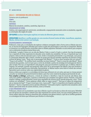 8 caderno do professor
AULA 3 – ENTENDENDO MELHOR AS FÁBULAS
Conversa com o/a professor/a
TEMPO
Uma aula.
MATERIAIS
Material do estudante, cartolina, canetinhas, lápis de cor.
ORGANIZAÇÃO DA TURMA
Coletiva, com organização em semicírculo, considerando o espaçamento necessário entre os estudantes, segundo
(EF15LP03) Localizar informações explícitas em textos de diferentes gêneros textuais.
(EF02LP28B)
fábulas, crônicas entre outros) e sua resolução.
DESENVOLVIMENTO E INTERVENÇÕES
Professor/a, nesta aula, os estudantes vão explorar e elaborar concepções sobre a forma como as fábulas são escri-
tas,os recursos de linguagem utilizados para contar as ações dos personagens e como eles se comportam.Retome
as conversas e os conhecimentos construídos sobre os ditados populares realizados na aula anterior para comparar
com os elementos do gênero textual dessa aula.
A Atividade 1 propõe a leitura em voz alta das fábulas O leão e o javali e O galo e a pérola. Esse tipo de proposta
traz o repertório de leitor experiente do educador como modelo aos estudantes. Por isso, é importante que você
prepare a leitura antes de executá-la para a turma, lendo e ensaiando previamente a sua entonação, suas pausas
-
sicional do gênero, como: “Quais são os personagens das fábulas?”, “O que as duas narrativas têm em comum?”,
momento das questões, você irá trazer para o centro da atividade a prática da estratégia de localização de informa-
ções no texto.Para isso,ao responderem cada pergunta,peça que encontrem as palavras que,na fábula,indicam a
resposta. Por exemplo: quando você perguntar sobre quais são os personagens das fábulas, peça que localizem a
parte do texto que explicita essa informação. Normalmente, as fábulas trazem como título os nomes dos animais.
Aproveitem para conversar sobre essa regularidade do gênero.
Anote as ideias que surgirem e as estratégias de leitura que utilizaram em um cartaz, para que as crianças possam
Para ampliar o diálogo
ampliar o diálogo,problematizando a moral como reguladora de convívio social,fazendo perguntas,como: “Como
são as mesmas de hoje?”, “O que é moral para mim, é para você?”, “Qual é a importância de respeitar opiniões di-
fábulas apreciando textos de autores diversos, como La Fontaine.
O QUE APRENDEMOS HOJE?
Professor/a,retome com os estudantes o que são as fábulas e qual é sua função na cultura do nosso povo.Relembre
que são formas de aconselhar e advertir para algo importante do convívio social, mas que sempre podemos e de-
e as estratégias de leitura que utilizaram para localizar as informações.
58 caderno do professor
8 caderno do professor
AULA 3 – ENTENDENDO MELHOR AS FÁBULAS
Conversa com o/a professor/a
TEMPO
Uma aula.
MATERIAIS
Material do estudante, cartolina, canetinhas, lápis de cor.
ORGANIZAÇÃO DA TURMA
Coletiva, com organização em semicírculo, considerando o espaçamento necessário entre os estudantes, segundo
(EF15LP03) Localizar informações explícitas em textos de diferentes gêneros textuais.
(EF02LP28B)
fábulas, crônicas entre outros) e sua resolução.
DESENVOLVIMENTO E INTERVENÇÕES
Professor/a, nesta aula, os estudantes vão explorar e elaborar concepções sobre a forma como as fábulas são escri
tas,os recursos de linguagem utilizados para contar as ações dos personagens e como eles se comportam.Retome
as conversas e os conhecimentos construídos sobre os ditados populares realizados na aula anterior para compara
com os elementos do gênero textual dessa aula.
A Atividade 1 propõe a leitura em voz alta das fábulas O leão e o javali e O galo e a pérola. Esse tipo de proposta
traz o repertório de leitor experiente do educador como modelo aos estudantes. Por isso, é importante que você
prepare a leitura antes de executá-la para a turma, lendo e ensaiando previamente a sua entonação, suas pausa
sicional do gênero, como: “Quais são os personagens das fábulas?”, “O que as duas narrativas têm em comum?”
momento das questões, você irá trazer para o centro da atividade a prática da estratégia de localização de informa
ções no texto.Para isso,ao responderem cada pergunta,peça que encontrem as palavras que,na fábula,indicam a
resposta. Por exemplo: quando você perguntar sobre quais são os personagens das fábulas, peça que localizem a
parte do texto que explicita essa informação. Normalmente, as fábulas trazem como título os nomes dos animais
Aproveitem para conversar sobre essa regularidade do gênero.
Anote as ideias que surgirem e as estratégias de leitura que utilizaram em um cartaz, para que as crianças possam
Para ampliar o diálogo
ampliar o diálogo,problematizando a moral como reguladora de convívio social,fazendo perguntas,como: “Como
são as mesmas de hoje?”, “O que é moral para mim, é para você?”, “Qual é a importância de respeitar opiniões di
fábulas apreciando textos de autores diversos, como La Fontaine.
O QUE APRENDEMOS HOJE?
Professor/a,retome com os estudantes o que são as fábulas e qual é sua função na cultura do nosso povo.Relembre
que são formas de aconselhar e advertir para algo importante do convívio social, mas que sempre podemos e de
e as estratégias de leitura que utilizaram para localizar as informações.
 