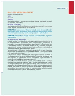 3
caderno do professor
AULA 1 – O QUE SABEMOS SOBRE AS CARTAS?
Conversa com o/a professor/a
EMPO
Uma aula.
MATERIAIS
Material do estudante e materiais para a produção do cartaz (papel-pardo ou cartoli-
na, canetinhas, entre outros).
ORGANIZAÇÃO DA TURMA
Coletiva e em semicírculo, considerando o distanciamento necessário entre os estu-
dantes, segundo as orientações dos órgãos de saúde.
EF02LP16A) Ler e compreender diferentes textos do campo da vida cotidiana (bi-
hetes,recados,avisos,cartas,receitas,relatos,entre outros),considerando a situação
omunicativa, o tema/assunto, a estrutura composicional e o estilo do gênero.
EF01LP07) Compreender as notações do sistema de escrita alfabética - segmentos
onoros e letras.
DESENVOLVIMENTO E INTERVENÇÕES
Aroda de conversa é um espaço importante para compartilhar o conhecimento prévio
dos estudantes sobre o assunto. Dessa forma, garantimos que o maior número de
nformações seja compartilhado entre todos os participantes. Professor/a, você será
o mediador dessa conversa, organizando os turnos de fala e auxiliando no processo
de escuta atenta para que todos tenham a chance de ampliar seu repertório sobre o
assunto e trazer à tona seus conhecimentos prévios.
Você pode ampliar o diálogo com os estudantes perguntando em quais situações as
artas circulam atualmente; como elas aparecem na internet; e que lugar ocupam em
meio ao avanço das tecnologias.
O Mapa Circular de Ideias tem a função de tornar o pensamento dos estudantes vi-
desta sequência. “O que sabíamos no início deste estudo? O que aprendemos, ao
nformações dos estudantes no entorno dele.O principal objetivo é levantar o conhe-
imento prévio das crianças sobre o gênero e saber se elas já escreveram uma carta
para alguém.Além das questões sugeridas, você poderá fazer outras que remetam à
que o objetivo nesse momento é realizar um levantamento dos conhecimentos pré-
vios dos estudantes sobre o gênero, sem a pretensão de ensinar.
3
caderno do professor
AULA 1 – O QUE SABEMOS SOBRE AS CARTAS?
Conversa com o/a professor/a
TEMPO
Uma aula.
MATERIAIS
Material do estudante e materiais para a produção do cartaz (papel-pardo ou cartoli-
na, canetinhas, entre outros).
ORGANIZAÇÃO DA TURMA
Coletiva e em semicírculo, considerando o distanciamento necessário entre os estu-
dantes, segundo as orientações dos órgãos de saúde.
(EF02LP16A) Ler e compreender diferentes textos do campo da vida cotidiana (bi-
lhetes,recados,avisos,cartas,receitas,relatos,entre outros),considerando a situação
comunicativa, o tema/assunto, a estrutura composicional e o estilo do gênero.
(EF01LP07) Compreender as notações do sistema de escrita alfabética - segmentos
sonoros e letras.
DESENVOLVIMENTO E INTERVENÇÕES
Aroda de conversa é um espaço importante para compartilhar o conhecimento prévio
dos estudantes sobre o assunto. Dessa forma, garantimos que o maior número de
informações seja compartilhado entre todos os participantes. Professor/a, você será
o mediador dessa conversa, organizando os turnos de fala e auxiliando no processo
de escuta atenta para que todos tenham a chance de ampliar seu repertório sobre o
assunto e trazer à tona seus conhecimentos prévios.
Você pode ampliar o diálogo com os estudantes perguntando em quais situações as
cartas circulam atualmente; como elas aparecem na internet; e que lugar ocupam em
meio ao avanço das tecnologias.
O Mapa Circular de Ideias tem a função de tornar o pensamento dos estudantes vi-
desta sequência. “O que sabíamos no início deste estudo? O que aprendemos, ao
informações dos estudantes no entorno dele.O principal objetivo é levantar o conhe-
cimento prévio das crianças sobre o gênero e saber se elas já escreveram uma carta
para alguém.Além das questões sugeridas, você poderá fazer outras que remetam à
que o objetivo nesse momento é realizar um levantamento dos conhecimentos pré-
vios dos estudantes sobre o gênero, sem a pretensão de ensinar.
5
caderno do professor
 