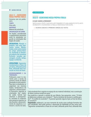 18 caderno do professor
AULA 8 - ESCREVENDO
NOSSA PRÓPRIA FÁBULA
Conversa com o/a profes-
sor/a
TEMPO
Uma aula.
MATERIAIS
Material do estudante.
ORGANIZAÇÃO DA TURMA
Em duplas, considerando
o espaçamento necessário
entre os estudantes, se-
gundo as orientações dos
(EF35LP25A) Planejar e
produzir, com certa auto-
nomia, contos, fábulas,
lendas,entre outros textos
do campo artístico-literá-
rio, mantendo os elemen-
tos próprios das narrativas
-
sonagem, enredo, tempo,
espaço e ambiente.
(EF02LP08B) Segmentar
corretamente as frases de
um texto,utilizando ponto
-
DESENVOLVIMENTO E IN-
TERVENÇÕES
Professor/a, esse é o mo-
mento para a escrita da
primeira versão da fábula
planejadanaaulaanterior.
Peça que os estudantes se
organizem nas mesmas
duplas, lembrando-os de
seguirem o distanciamen-
to necessário, segundo as
orientações dos órgãos
retomem o planejamen-
to, revisitem os materiais
para pesquisa expostos na
sala durante o desenvolvi-
mento da sequência e co-
mecem a escrita do texto.
Cada estudante fará o registro no espaço do seu material individual,mas a construção
de ideias continua sendo em pares.
Para ajudá-los a garantir o sentido de suas fábulas, faça perguntas, como: “O título
-
da narrativa?”.
Importante: professor/a, use esse momento de escrita como avaliação formativa dos
| LÍNGUA PORTUGUESA
68 caderno do professor
44
18 caderno do professor
AULA 8 - ESCREVENDO
NOSSA PRÓPRIA FÁBULA
Conversa com o/a profes-
sor/a
TEMPO
Uma aula.
MATERIAIS
Material do estudante.
ORGANIZAÇÃO DA TURMA
Em duplas, considerando
o espaçamento necessário
entre os estudantes, se-
gundo as orientações dos
(EF35LP25A) Planejar e
produzir, com certa auto-
nomia, contos, fábulas,
lendas,entre outros textos
do campo artístico-literá-
rio, mantendo os elemen-
tos próprios das narrativas
-
sonagem, enredo, tempo,
espaço e ambiente.
(EF02LP08B) Segmentar
corretamente as frases de
um texto,utilizando ponto
-
DESENVOLVIMENTO E IN-
TERVENÇÕES
Professor/a, esse é o mo-
mento para a escrita da
primeira versão da fábula
planejadanaaulaanterior.
Peça que os estudantes se
organizem nas mesmas
duplas, lembrando-os de
seguirem o distanciamen-
to necessário, segundo as
orientações dos órgãos
retomem o planejamen-
to, revisitem os materiais
para pesquisa expostos na
sala durante o desenvolvi-
mento da sequência e co-
mecem a escrita do texto.
Cada estudante fará o registro no espaço do seu material individual,mas a construção
de ideias continua sendo em pares.
Para ajudá-los a garantir o sentido de suas fábulas, faça perguntas, como: “O título
da narrativa?”.
Importante: professor/a, use esse momento de escrita como avaliação formativa do
 