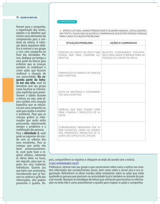 6 caderno do professor
lheram para a campanha,
a organização dos cestos,
trazem mais elementos de
compreensão para o con-
texto da notícia. A inten-
ção desta sequência didá-
tica é motivar o seu grupo
a criar uma campanha ao
isso, dedique um tempo a
essa parte da leitura para
enfatizar que as crianças
também se mobilizam e
criam ações que buscam
melhorar a situação de
sua comunidade. Na se-
gunda parte da leitu-
ra em voz alta, você irá
tematizar com seu grupo
como localizar as informa-
ções explícitas para preen-
cherem a tabela durante
-
pico contém uma situação
-
na com uma campanha ou
o problema. Peça que as
crianças grifem as infor-
mações que vocês estão
procurando, relacionando
sempre o problema e a
mobilização das pessoas.
Para a Atividade 2, você
pode se organizar de acor-
do com os saberes dos
seus estudantes. Para as
crianças que ainda não
leem convencionalmen-
te, você pode fazer o re-
gistro coletivo, coletando
as ideias delas na lousa,
em seguida, peça que co-
piem em seus materiais
individuais. Quanto aos
que leem com autonomia,
-
ram no coletivo o grifo das
informações, eles podem
preencher o quadro. De-
pois, compartilhem os registros e chequem se estão de acordo com a notícia.
O QUE APRENDEMOS HOJE?
Professor/a, retome com seu grupo o que conversaram sobre como a notícia nos man-
tém informados dos acontecimentos atuais, bem como sobre o Jornal Joca e sua or-
ganização. Relembrem as ideias trazidas pelos estudantes sobre as ações que estão
-
ções no texto lido e como preencheram o quadro para mapear as ações e campanhas.
| LÍNGUA PORTUGUESA
76 caderno do professor
50
6 caderno do professor
lheram para a campanha,
a organização dos cestos,
trazem mais elementos de
compreensão para o con-
texto da notícia. A inten-
ção desta sequência didá-
tica é motivar o seu grupo
a criar uma campanha ao
isso, dedique um tempo a
essa parte da leitura para
enfatizar que as crianças
também se mobilizam e
criam ações que buscam
melhorar a situação de
sua comunidade. Na se-
gunda parte da leitu-
ra em voz alta, você irá
tematizar com seu grupo
como localizar as informa-
ções explícitas para preen-
cherem a tabela durante
-
pico contém uma situação
-
na com uma campanha ou
o problema. Peça que as
crianças grifem as infor-
mações que vocês estão
procurando, relacionando
sempre o problema e a
mobilização das pessoas.
Para a Atividade 2, você
pode se organizar de acor-
do com os saberes dos
seus estudantes. Para as
crianças que ainda não
leem convencionalmen-
te, você pode fazer o re-
gistro coletivo, coletando
as ideias delas na lousa,
em seguida, peça que co-
piem em seus materiais
individuais. Quanto aos
que leem com autonomia,
-
ram no coletivo o grifo das
informações, eles podem
preencher o quadro. De-
pois, compartilhem os registros e chequem se estão de acordo com a notícia.
O QUE APRENDEMOS HOJE?
Professor/a, retome com seu grupo o que conversaram sobre como a notícia nos man
tém informados dos acontecimentos atuais, bem como sobre o Jornal Joca e sua or
ganização. Relembrem as ideias trazidas pelos estudantes sobre as ações que estão
ções no texto lido e como preencheram o quadro para mapear as ações e campanhas
 