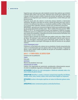4 caderno do professor
Sugerimos que você peça para cada estudante escrever duas palavras que remetam
à primeira ideia sobre o que são cartas. Selecione duas escritas para coletivizar com
o grupo e discutir na lousa a melhor maneira de escrever tais palavras. Esse registro
poderá ser um diagnóstico que orientará os agrupamentos a serem feitos por você
posteriormente.
Enquanto circula pela sala, observe a escrita das crianças, fazendo as intervenções
necessárias. Recupere o que deve ser escrito e solicite que leiam para você o que es-
ou se usaram letras indevidas, fazendo os ajustes que considerarem necessários.
IMPORTANTE: aproveite esse momento de registro coletivo para problematizar aspec-
tos da escrita, formulando questões como: “Qual a melhor letra para escrever ‘ENDE-
Acreditamos que ter o/a professor/a como escriba da turma é uma boa oportunidade
para mostrar aos estudantes a importância da escrita convencional ao formalizar uma
comunicação, no caso, o cartaz da sala.
Trazemos alguns exemplos de informações que podem surgir para o Mapa Circular
de Ideias: ter endereço, ir pelo correio ou não, destinatário, carta de amor, coisa an-
tiga, selo, mensagem, comunicação, passar informação, papel, escrever etc. Depois,
cada criança anotará as principais informações da roda de conversa em seu próprio
material.
O QUE APRENDEMOS HOJE?
cartas e as transformações que esse gênero sofreu ao longo do tempo. É importante
deixar o cartaz coletivo colado na parede da sala para ser consultado e ampliado no
decorrer do percurso.
AULA 2 – O TEMPO PASSA, AS CARTAS FICAM
Conversa com o/a professor/a
TEMPO
Uma aula.
MATERIAIS
Material do estudante, lousa e giz.
ORGANIZAÇÃO DA TURMA
Coletiva, com organização em semicírculo, considerando o distanciamento necessá-
rio entre os estudantes, segundo as orientações dos órgãos de saúde.
(EF15LP02B) -
rante a leitura do gênero textual.
(EF02LP16B)
recados, avisos, cartas, receitas, relatos, entre outros textos (digitais ou impressos).
(EF15LP03) Localizar informações explícitas em textos de diferentes gêneros textu-
ais.
(EF02LP01A) Grafar corretamente palavras conhecidas/familiares.
6 caderno do professor
4 caderno do professor
Sugerimos que você peça para cada estudante escrever duas palavras que remetam
à primeira ideia sobre o que são cartas. Selecione duas escritas para coletivizar com
o grupo e discutir na lousa a melhor maneira de escrever tais palavras. Esse registro
poderá ser um diagnóstico que orientará os agrupamentos a serem feitos por você
posteriormente.
Enquanto circula pela sala, observe a escrita das crianças, fazendo as intervençõe
necessárias. Recupere o que deve ser escrito e solicite que leiam para você o que es
ou se usaram letras indevidas, fazendo os ajustes que considerarem necessários.
IMPORTANTE: aproveite esse momento de registro coletivo para problematizar aspec
tos da escrita, formulando questões como: “Qual a melhor letra para escrever ‘ENDE
Acreditamos que ter o/a professor/a como escriba da turma é uma boa oportunidade
para mostrar aos estudantes a importância da escrita convencional ao formalizar uma
comunicação, no caso, o cartaz da sala.
Trazemos alguns exemplos de informações que podem surgir para o Mapa Circula
de Ideias: ter endereço, ir pelo correio ou não, destinatário, carta de amor, coisa an
tiga, selo, mensagem, comunicação, passar informação, papel, escrever etc. Depois
cada criança anotará as principais informações da roda de conversa em seu próprio
material.
O QUE APRENDEMOS HOJE?
cartas e as transformações que esse gênero sofreu ao longo do tempo. É importante
deixar o cartaz coletivo colado na parede da sala para ser consultado e ampliado no
decorrer do percurso.
AULA 2 – O TEMPO PASSA, AS CARTAS FICAM
Conversa com o/a professor/a
TEMPO
Uma aula.
MATERIAIS
Material do estudante, lousa e giz.
ORGANIZAÇÃO DA TURMA
Coletiva, com organização em semicírculo, considerando o distanciamento necessá
rio entre os estudantes, segundo as orientações dos órgãos de saúde.
(EF15LP02B)
rante a leitura do gênero textual.
(EF02LP16B)
recados, avisos, cartas, receitas, relatos, entre outros textos (digitais ou impressos).
(EF15LP03) Localizar informações explícitas em textos de diferentes gêneros textu
ais.
(EF02LP01A) Grafar corretamente palavras conhecidas/familiares.
 