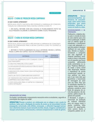 23
caderno do professor
ORGANIZAÇÃO DA TURMA
Em duplas,considerando o espaçamento necessário entre os estudantes,segundo as
orientações dos órgãos de saúde.
EF02LP18A)
professor, textos para a divulgação de eventos da escola ou da comunidade (convite,
propaganda, comunicado, carta, bilhete, convocação...), utilizando linguagem persua-
iva e elementos textuais visuais (tamanho da letra, leiaute, imagens), considerando a
ituação comunicativa,o tema/assunto,a estrutura composicional e o estilo do gênero.
(EF03LP21B) Revisar
anúncios/campanhas pu-
blicitárias de conscienti-
zação, entre outros textos
produzidos, para serem
oralizados, utilizando re-
cursos em áudio ou vídeo.
DESENVOLVIMENTO E IN-
TERVENÇÕES
-
ta aula é a revisão do texto
da aula anterior para uma
futura publicação. A tabela
estudantes a visualizarem
o que está adequado e o
melhorar em suas produ-
revisitarem a campanha
que está registrada no
-
cando os itens e colocando
um ok naqueles que foram
cumpridos, adicionando
ainda comentários na co-
luna “Podemos Melhorar”,
de modo a tornar visível
cada observação. Retome
convencional quando va-
mos publicar um texto,
pois é por meio dela que
garantimos a transmissão
da mensagem do autor
para seu leitor. Peça que
os estudantes retomem os
registros feitos durante o
processo, usando-os como
fonte de pesquisa de es-
crita das palavras e de ele-
gênero em questão.
A Atividade 2 propõe a
transcrição da produção
do material individual
para um espaço maior e
avulso (cartolina, folha
Canson A3, papel-pardo,
entre outros). Assim, a
campanha poderá ser di-
23
caderno do professor
ORGANIZAÇÃO DA TURMA
Em duplas,considerando o espaçamento necessário entre os estudantes,segundo as
orientações dos órgãos de saúde.
(EF02LP18A)
professor, textos para a divulgação de eventos da escola ou da comunidade (convite,
propaganda, comunicado, carta, bilhete, convocação...), utilizando linguagem persua-
siva e elementos textuais visuais (tamanho da letra, leiaute, imagens), considerando a
situação comunicativa,o tema/assunto,a estrutura composicional e o estilo do gênero.
(EF03LP21B) Revisar
anúncios/campanhas pu-
blicitárias de conscienti-
zação, entre outros textos
produzidos, para serem
oralizados, utilizando re-
cursos em áudio ou vídeo.
DESENVOLVIMENTO E IN-
TERVENÇÕES
-
ta aula é a revisão do texto
da aula anterior para uma
futura publicação. A tabela
estudantes a visualizarem
o que está adequado e o
melhorar em suas produ-
revisitarem a campanha
que está registrada no
-
cando os itens e colocando
um ok naqueles que foram
cumpridos, adicionando
ainda comentários na co-
luna “Podemos Melhorar”,
de modo a tornar visível
cada observação. Retome
convencional quando va-
mos publicar um texto,
pois é por meio dela que
garantimos a transmissão
da mensagem do autor
para seu leitor. Peça que
os estudantes retomem os
registros feitos durante o
processo, usando-os como
fonte de pesquisa de es-
crita das palavras e de ele-
gênero em questão.
A Atividade 2 propõe a
transcrição da produção
do material individual
para um espaço maior e
avulso (cartolina, folha
Canson A3, papel-pardo,
entre outros). Assim, a
campanha poderá ser di-
LÍNGUA PORTUGUESA |
93
caderno do professor
61
 