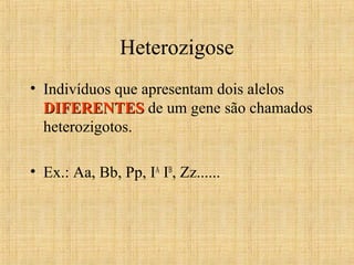 Heterozigose
• Indivíduos que apresentam dois alelos
DIFERENTESDIFERENTES de um gene são chamados
heterozigotos.
• Ex.: Aa, Bb, Pp, IA
IB
, Zz......
 