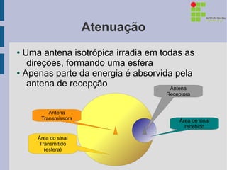 Atenuação
● Uma antena isotrópica irradia em todas as
   direções, formando uma esfera
● Apenas parte da energia é absorvida pela

   antena de recepção                 Antena
                                     Receptora


         Antena
      Transmissora                       Área de sinal
                                           recebido

     Área do sinal
     Transmitido
       (esfera)
 