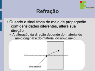 Refração
●   Quando o sinal troca de meio de propagação
     com densidades diferentes, altera sua
     direção
    –   A alteração da direção depende do material do
          meio original e do material do novo meio
 