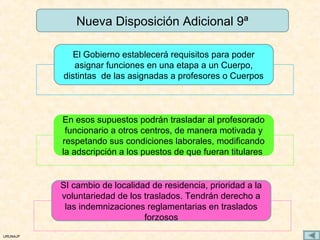 Nueva Disposición Adicional 9ª

             El Gobierno establecerá requisitos para poder
             asignar funciones en una etapa a un Cuerpo,
          distintas de las asignadas a profesores o Cuerpos



          En esos supuestos podrán trasladar al profesorado
           funcionario a otros centros, de manera motivada y
          respetando sus condiciones laborales, modificando
          la adscripción a los puestos de que fueran titulares


          SI cambio de localidad de residencia, prioridad a la
          voluntariedad de los traslados. Tendrán derecho a
           las indemnizaciones reglamentarias en traslados
                               forzosos
URUNAJP
 