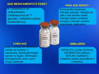 A Cefalotina é um
antibacteriano
[cefalosporina de 1ª
geração; Cefalotina sódica;
betalactâmico].
Inibe a síntese da membrana
celular da bactéria; é
bactericida. Biotransformação:
parcial no fígado. Eliminação:
principalmente urina, como
droga inalterada.
CEFALOTIL (União Química);
CEFARISTON (Ariston);
CEFLEN (Cellofarm).
Cefalotina sódica equivalente a
Cefalotina.
Endocardite bacteriana;
infecção articular; infecção da
pele e dos tecidos moles;
infecção óssea; profilaxia
cirúrgica; infecção urinária;
pneumonia; septicemia.
PARA QUE SERVE?
QUE MEDICAMENTO É ESSE?
COMO AGE SIMILARES
 