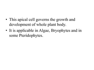 • This apical cell governs the growth and
development of whole plant body.
• It is applicable in Algae, Bryophytes and in
some Pteridophytes.
 