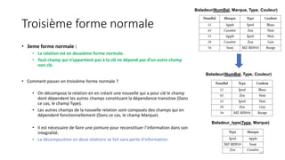 Troisième forme normale
• 3eme forme normale :
• La relation est en deuxième forme normale.
• Tout champ qui n’appartient pas à la clé ne dépend pas d’un autre champ
non clé.
• Comment passer en troisième forme normale ?
• On décompose la relation en en créant une nouvelle qui a pour clé le champ
dont dépendent les autres champs constituant la dépendance transitive (Dans
ce cas, le champ Type).
• Les autres champs de la nouvelle relation sont composés des champs qui en
dépendent fonctionnellement (Dans ce cas, le champ Marque).
• Il est nécessaire de faire une jointure pour reconstituer l’information dans son
integralité.
• La décomposition en deux relations se fait sans perte d’information.
Baladeur(NumBal, Marque, Type, Couleur)
Baladeur(NumBal, Type, Couleur)
Baladeur_type(Type, Marque)
57
 