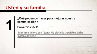 Manzana de oro con figuras de plata Es la palabra dicha
como conviene.
1 Proverbios 25:11
¿Qué podemos hacer para mejorar nuestra
comunicación?
Usted y su familia
 