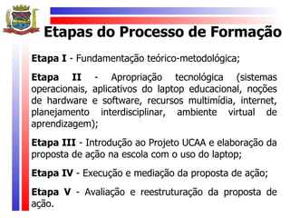 Etapas do Processo de Formação
Etapa I - Fundamentação teórico-metodológica;
Etapa II - Apropriação tecnológica (sistemas
operacionais, aplicativos do laptop educacional, noções
de hardware e software, recursos multimídia, internet,
planejamento interdisciplinar, ambiente virtual de
aprendizagem);
Etapa III - Introdução ao Projeto UCAA e elaboração da
proposta de ação na escola com o uso do laptop;
Etapa IV - Execução e mediação da proposta de ação;
Etapa V - Avaliação e reestruturação da proposta de
ação.
 