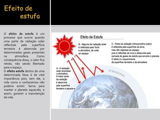 Efeito de             	estufaO efeito de estufaé um processo que ocorre quando uma parte da radiação solar reflectida pela superfície terrestre é absorvida por determinados gases presentes na atmosfera. Como consequência disso, o calor fica retido, não sendo libertado para o espaço. O efeito estufa dentro de uma determinada faixa é de vital importância pois, sem ele, a vida como a conhecemos não poderia existir. Serve para manter o planeta aquecido, e assim, garantir a manutenção da vida.