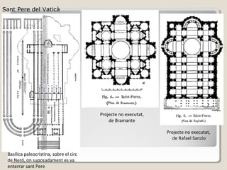 Sant Pere del Vaticà




                                         Projecte no executat,
                                             de Bramante

                                                                 Projecte no executat,
                                                                    de Rafael Sanzio


 Basílica paleocristina, sobre el circ
 de Neró, on suposadament es va
 enterrar sant Pere
 