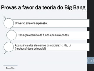 Provas a favor da teoria do Big Bang
Universo está em expansão;
Radiação cósmica de fundo em micro-ondas;
Abundância dos elementos primordiais: H, He, Li
(nucleossíntese primordial)
12
Daniela Pinto
 