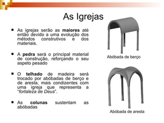 As igrejas serão as  maiores  até então devido a uma evolução dos métodos construtivos e dos materiais.  A  pedra  será o principal material de construção, reforçando o seu aspeto pesado O  telhado  de madeira será trocado por abóbadas de berço e de aresta, mais condizentes com uma igreja que representa a “ fortaleza de Deus ”. As  colunas  sustentam as abóbadas ARTE ROMÂNICA As Igrejas Abóbada de berço Abóbada de aresta 