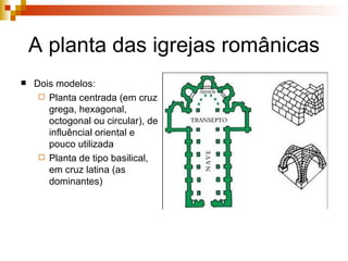 A planta das igrejas românicas Dois modelos: Planta centrada (em cruz grega, hexagonal, octogonal ou circular), de influêncial oriental e pouco utilizada Planta de tipo basilical, em cruz latina (as dominantes) 