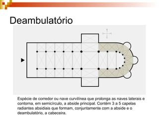 Deambulatório Espécie de corredor ou nave curvilínea que prolonga as naves laterais e contorna, em semicírculo, a abside principal. Contém 3 a 5 capelas radiantes absidiais que formam, conjuntamente com a abside e o deambulatório, a cabeceira. 