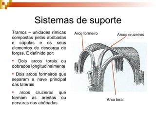 Sistemas de suporte Sistemas de suporte Tramos  – unidades rímicas compostas pelas abóbadas e cúpulas e os seus elementos de descarga de forças. É definido por: Dois  arcos torais  ou dobrados longitudinalmente Dois  arcos formeiros  que separam a nave principal das laterais arcos cruzeiros  que formam as arestas ou nervuras das abóbadas Arcos cruzeiros Arco toral Arco formeiro 