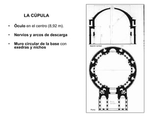 LA CÚPULA Óculo  en el centro (8,92 m). Nervios y arcos de descarga Muro circular de la base  con  exedras y nichos 