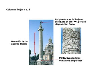 Columna Trajana, s. II Antigua estatua de Trajano. Sustituida en el S. XVI por una efigie de San Pedro Narración de las guerras dácicas Plinto. Guarda de las cenizas del emperador   