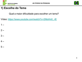 AS ETAPAS DA PESQUISA
3
1) Escolha do Tema
Qual a maior dificuldade para escolher um tema?
Vídeo: https://www.youtube.com/watch?v=2NloHn0_-IE
1 –
2 –
3 –
4 –
5 –
 