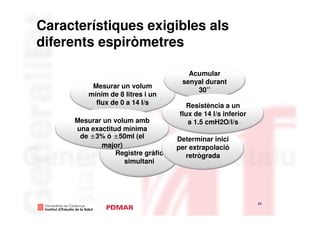 Característiques exigibles als
diferents espiròmetres

                                      Acumular
                                    senyal durant
          Mesurar un volum
                                        30’’
         mínim de 8 litres i un
           flux de 0 a 14 l/s        Resistència a un
                                   flux de 14 l/s inferior
     Mesurar un volum amb             a 1.5 cmH2O/l/s
     una exactitud mínima
      de ±3% ó ±50ml (el           Determinar inici
            major)                 per extrapolació
                 Registre gràfic      retrògrada
                   simultani




                                                             21
                                                                  21
 