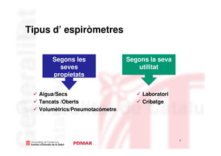 Tipus d’ espiròmetres


      Segons les                Segons la seva
        seves                      utilitat
      propietats

  Aigua/Secs                         Laboratori
  Tancats /Oberts                    Cribatge
  Volumètrics/Pneumotacòmetre




                                                  7
                                                      7
 