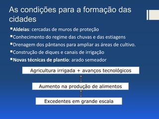 As condições para a formação das
cidades
Aldeias: cercadas de muros de proteção
Conhecimento do regime das chuvas e das estiagens
Drenagem dos pântanos para ampliar as áreas de cultivo.
Construção de diques e canais de irrigação
Novas técnicas de plantio: arado semeador
Agricultura irrigada + avanços tecnológicos
Aumento na produção de alimentos
Excedentes em grande escala
 