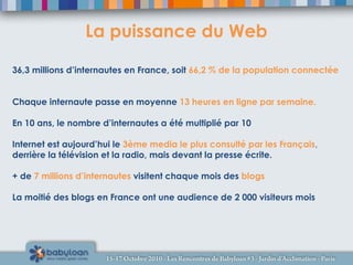 La puissance du Web
36,3 millions d’internautes en France, soit 66,2 % de la population connectée
Chaque internaute passe en moyenne 13 heures en ligne par semaine.
En 10 ans, le nombre d’internautes a été multiplié par 10
Internet est aujourd’hui le 3ème media le plus consulté par les Français,
derrière la télévision et la radio, mais devant la presse écrite.
+ de 7 millions d’internautes visitent chaque mois des blogs
La moitié des blogs en France ont une audience de 2 000 visiteurs mois
 