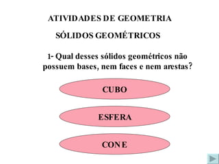 ATIVIDADES DE GEOMETRIA SÓLIDOS GEOMÉTRICOS 1- Qual desses sólidos geométricos não possuem bases, nem faces e nem arestas? CUBO ESFERA CONE 