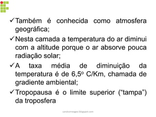Também é conhecida como atmosfera geográfica; 
Nesta camada a temperatura do ar diminui com a altitude porque o ar absorve pouca radiação solar; 
A taxa média de diminuição da temperatura é de 6,5o C/Km, chamada de gradiente ambiental; 
Tropopausa é o limite superior (“tampa”) da troposfera 
carolcorreageo.blogspot.com  