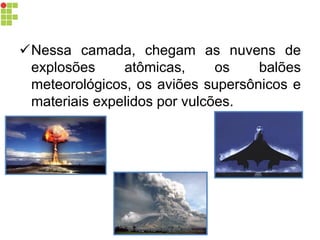 Nessa camada, chegam as nuvens de explosões atômicas, os balões meteorológicos, os aviões supersônicos e materiais expelidos por vulcões. 
carolcorreageo.blogspot.com  