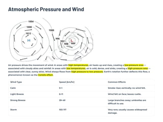 Atmospheric Pressure and Wind
Air pressure drives the movement of wind. In areas with high temperatures, air heats up and rises, creating a low-pressure area —
associated with cloudy skies and rainfall. In areas with low temperatures, air is cold, dense, and sinks, creating a high-pressure area —
associated with clear, sunny skies. Wind always flows from high pressure to low pressure. Earth's rotation further deflects this flow, a
phenomenon known as the Coriolis effect.
Wind Type Speed (km/hr) Common Effects
Calm 0–1 Smoke rises vertically; no wind felt.
Light Breeze 6–11 Wind felt on face; leaves rustle.
Strong Breeze 39–49 Large branches sway; umbrellas are
difficult to use.
Storm 103–117 Very rare; usually causes widespread
damage.
 