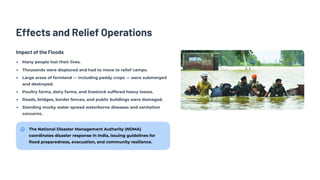 Effects and Relief Operations
Impact of the Floods
Many people lost their lives.
Thousands were displaced and had to move to relief camps.
Large areas of farmland — including paddy crops — were submerged
and destroyed.
Poultry farms, dairy farms, and livestock suffered heavy losses.
Roads, bridges, border fences, and public buildings were damaged.
Standing murky water spread waterborne diseases and sanitation
concerns.
The National Disaster Management Authority (NDMA)
coordinates disaster response in India, issuing guidelines for
flood preparedness, evacuation, and community resilience.
 