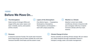 SUMMARY
Before We Move On…
The Atmosphere
Made mainly of nitrogen (78%) and
oxygen (21%), plus water vapour and
dust. It shields, warms, and sustains
all life on Earth.
Layers of the Atmosphere
Five distinct layers — Troposphere,
Stratosphere, Mesosphere,
Thermosphere, and Exosphere —
each with unique properties.
Weather vs. Climate
Weather is short-term (daily
conditions); climate is long-term (30-
year averages). India has a tropical
monsoon climate with four main
seasons.
Monsoon
A seasonal reversal of winds. The south-west monsoon
(June–Sep) brings most of India's rainfall; the north-east
monsoon benefits Tamil Nadu and the eastern coast.
Climate Change & Action
Human activities are driving climate change. We can reduce
our carbon footprint through sustainable choices in
transport, energy, water, and waste management.
 