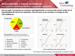 Antecedentes y marco conceptual Los proyectos software merecen una gestión específica Uno de cada 7 proyectos se cancelan anticipadamente. La causa más común suele ser la imposibilidad de cerrar los requisitos. Para los que no se cancelan, el riesgo es alto ( Tom DeMarco ) The Chaos Report :  “En media un proyecto SW se retrasará de 6 a 12 meses, y costará un 50–100% más” 46% Challenged 35% Succeeded 19% Failed Tom Demarco. Waltzing with Bears: Managing Risk on Software Projects   Requisitos Adecuación Entorno cambiante Recursos Dirección Proveedores Política Conflicto Innovación Escala 35% Las 10 principales fuentes de riesgo en proyectos SW Factor multiplicativo sobre el plazo estimado 1.08 1.00 1.04 Rotación  50% 1.15 0.87 1.00 Productividad 50% 1.55 1.00 1.18 Errores de Estimación 50% 1.16 1.00 1.07 Inflación de Requisitos 50% 