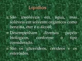 São insolúveis em água, mas
solúveis em solvente orgânicos como
benzina, éter e o álcool;
 Desempenham diversos papéis
biológicos, conforme o tipo
considerado.
 São os glicerídeos, cerídeos e os
esteróides.
 