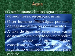  O ser humano elimina água por meio
do suor, fezes, respiração, urina.
 O ser humano obtém água por meio
da ingestão direta ou por alimentos.
 A taxa de água nos seres vivos varia
de acordo com a atividade metabólica
do tecido ou órgãos
considerados, com a idade do
organismo e também de espécie para
espécie.
 
