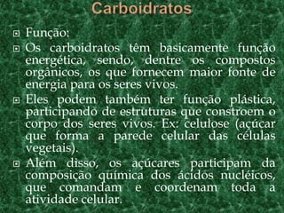    Função:
   Os carboidratos têm basicamente função
    energética, sendo, dentre os compostos
    orgânicos, os que fornecem maior fonte de
    energia para os seres vivos.
   Eles podem também ter função plástica,
    participando de estruturas que constroem o
    corpo dos seres vivos. Ex: celulose (açúcar
    que forma a parede celular das células
    vegetais).
   Além disso, os açúcares participam da
    composição química dos ácidos nucléicos,
    que comandam e coordenam toda a
    atividade celular.
 