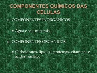    COMPONENTES INORGÂNICOS

       Água e sais minerais

   COMPONENTES ORGÂNICOS

       Carboidratos, lipídios, proteínas, vitaminas e
        ácidos nucléico
 