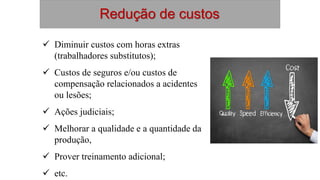 Redução de custos
 Diminuir custos com horas extras
(trabalhadores substitutos);
 Custos de seguros e/ou custos de
compensação relacionados a acidentes
ou lesões;
 Ações judiciais;
 Melhorar a qualidade e a quantidade da
produção,
 Prover treinamento adicional;
 etc.
 