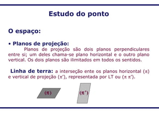 Estudo do ponto
O espaço:
• Planos de projeção:
Planos de projeção são dois planos perpendiculares
entre si; um deles chama-se plano horizontal e o outro plano
vertical. Os dois planos são ilimitados em todos os sentidos.
Linha de terra: a interseção ente os planos horizontal (π)
e vertical de projeção (π’), representada por LT ou (π π’).
(π’)(π)
 
